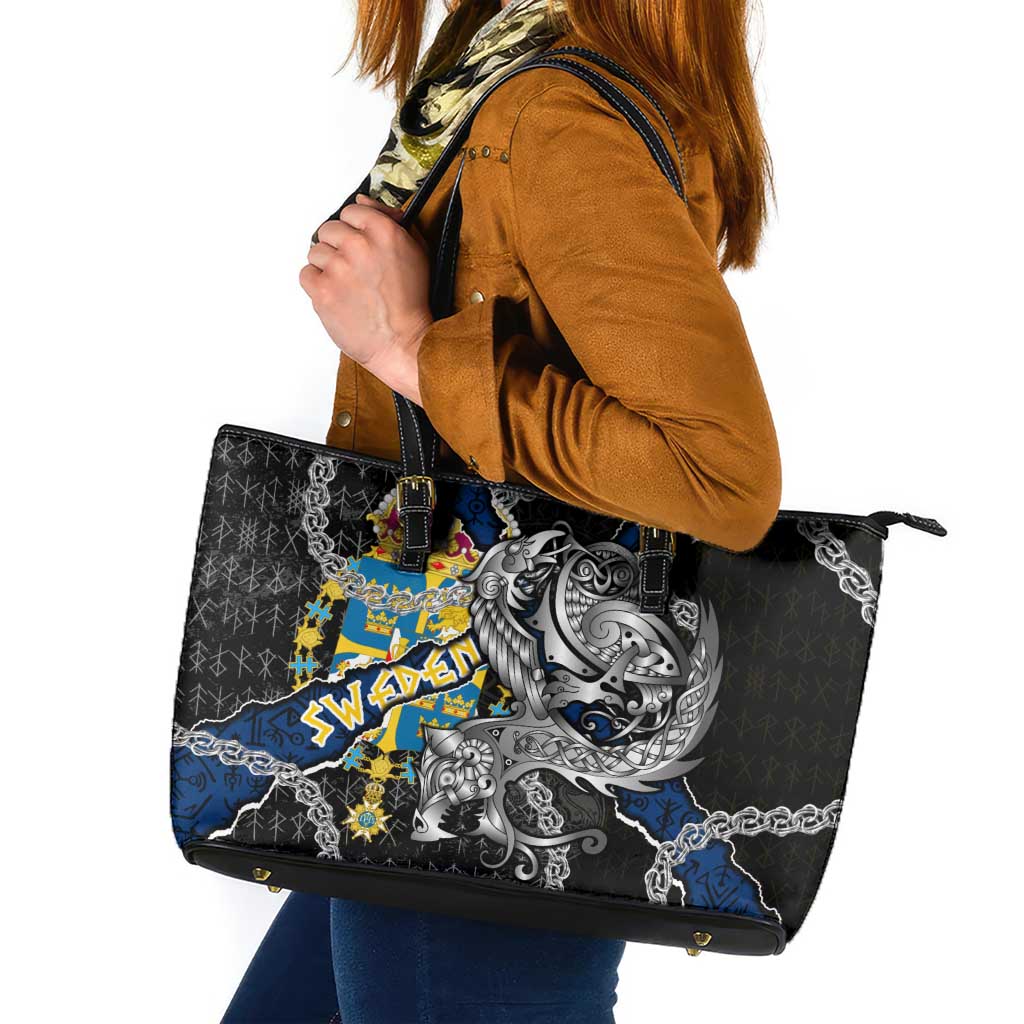 Sweden Vikings Leather Tote Bag Nordic Lion Bound in Runes and Chains