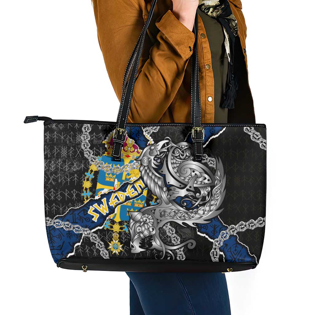 Sweden Vikings Leather Tote Bag Nordic Lion Bound in Runes and Chains