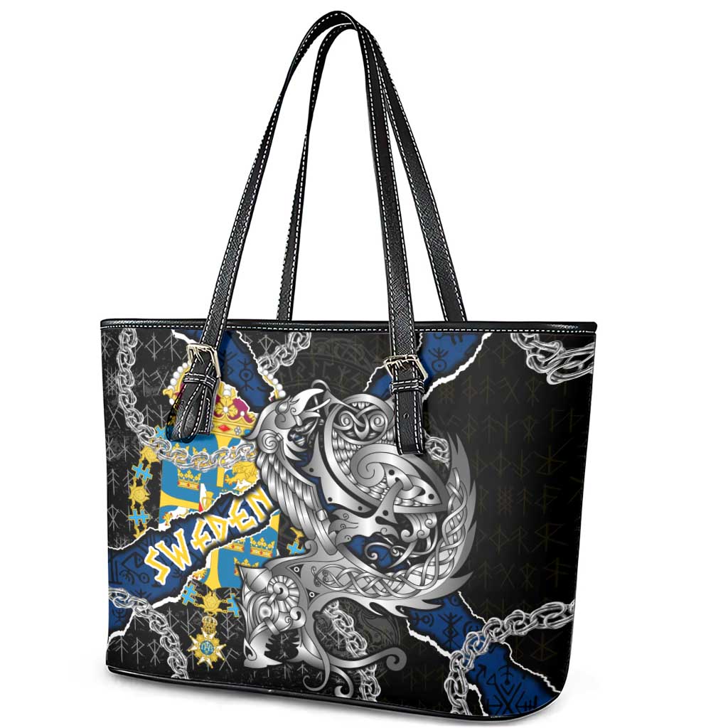 Sweden Vikings Leather Tote Bag Nordic Lion Bound in Runes and Chains