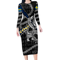 Personalized Sweden Vikings Long Sleeve Bodycon Dress Nordic Lion Bound in Runes and Chains