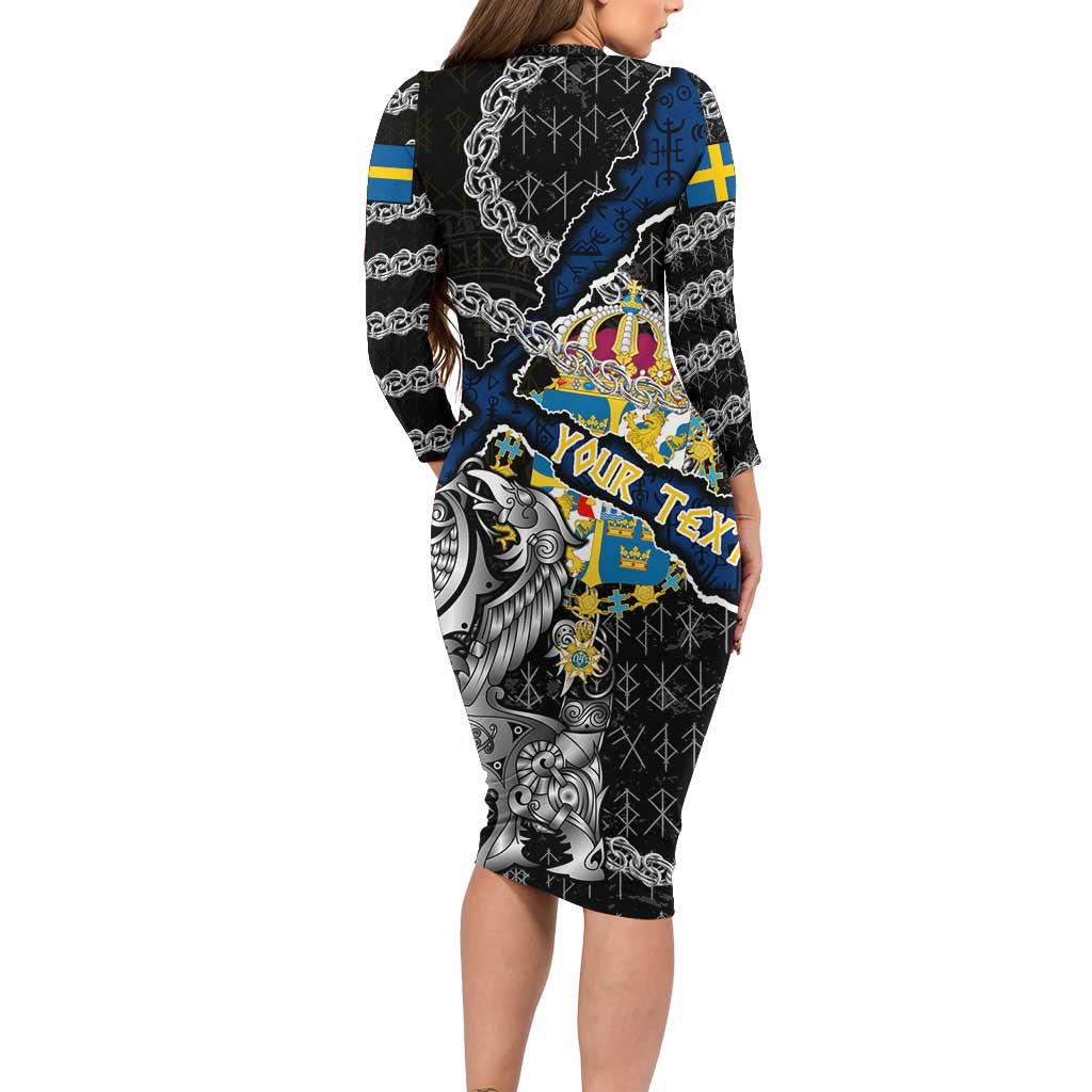 Personalized Sweden Vikings Long Sleeve Bodycon Dress Nordic Lion Bound in Runes and Chains