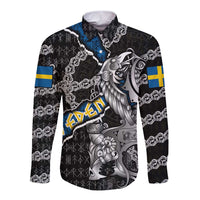 Personalized Sweden Vikings Long Sleeve Button Shirt Nordic Lion Bound in Runes and Chains