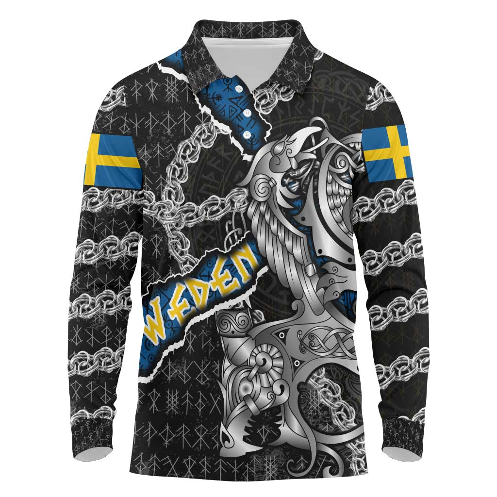 Personalized Sweden Vikings Long Sleeve Polo Shirt Nordic Lion Bound in Runes and Chains