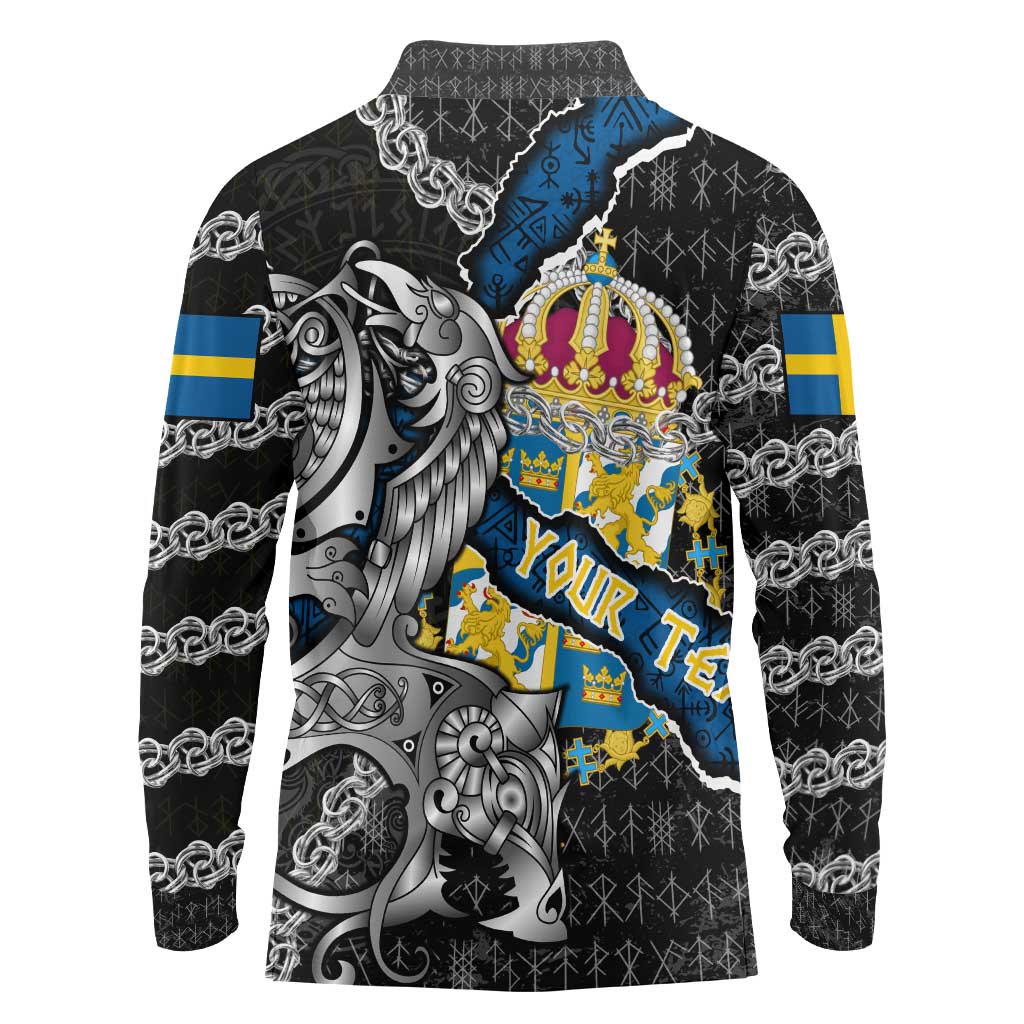 Personalized Sweden Vikings Long Sleeve Polo Shirt Nordic Lion Bound in Runes and Chains