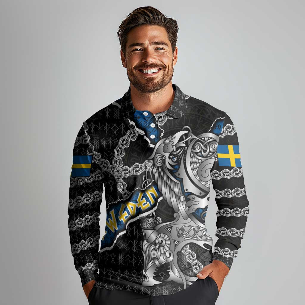 Personalized Sweden Vikings Long Sleeve Polo Shirt Nordic Lion Bound in Runes and Chains