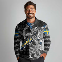 Personalized Sweden Vikings Long Sleeve Polo Shirt Nordic Lion Bound in Runes and Chains