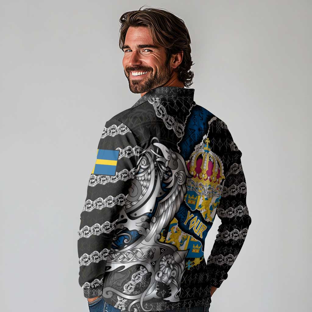 Personalized Sweden Vikings Long Sleeve Polo Shirt Nordic Lion Bound in Runes and Chains