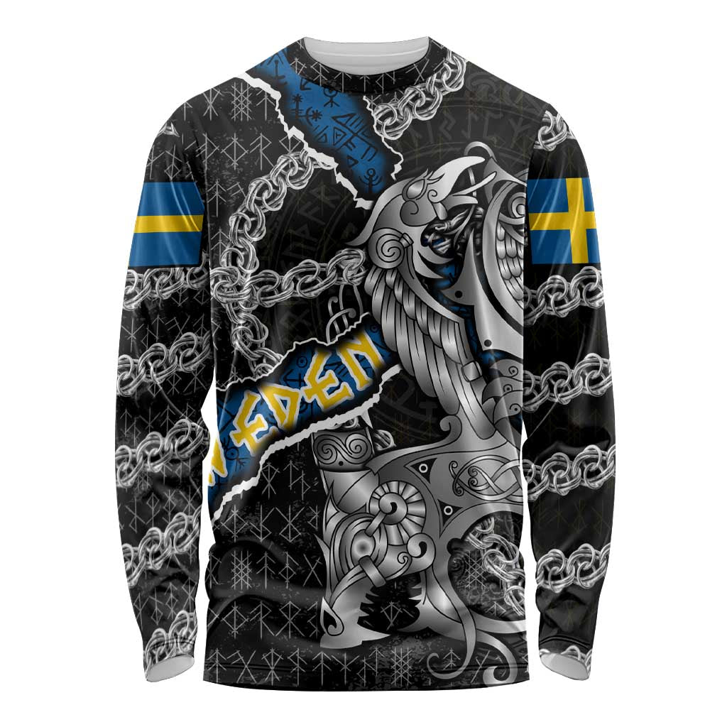 Personalized Sweden Vikings Long Sleeve Shirt Nordic Lion Bound in Runes and Chains