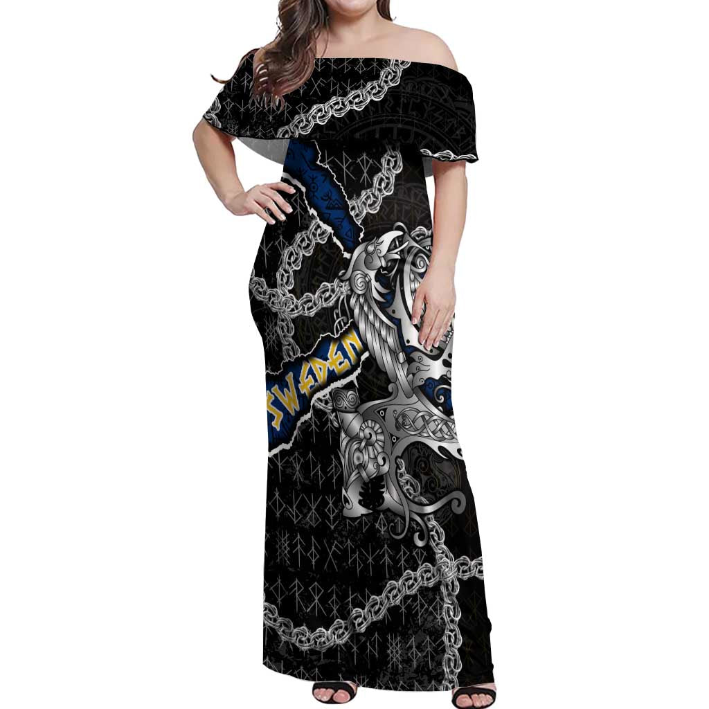 Personalized Sweden Vikings Off Shoulder Maxi Dress Nordic Lion Bound in Runes and Chains