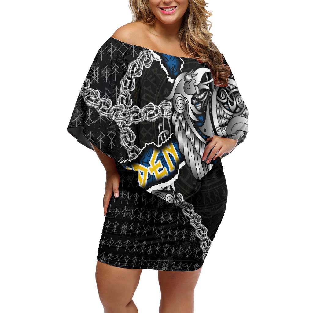 Personalized Sweden Vikings Off Shoulder Short Dress Nordic Lion Bound in Runes and Chains