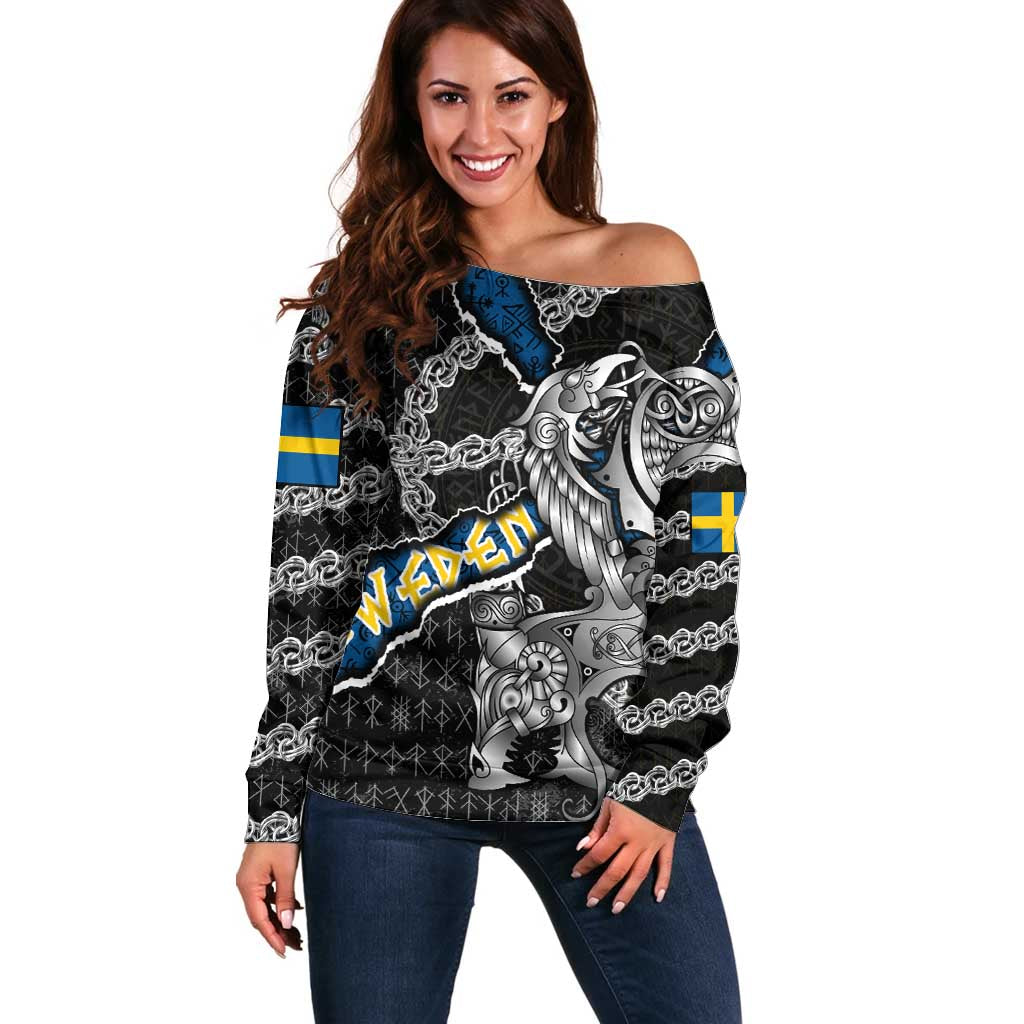 Personalized Sweden Vikings Off Shoulder Sweater Nordic Lion Bound in Runes and Chains
