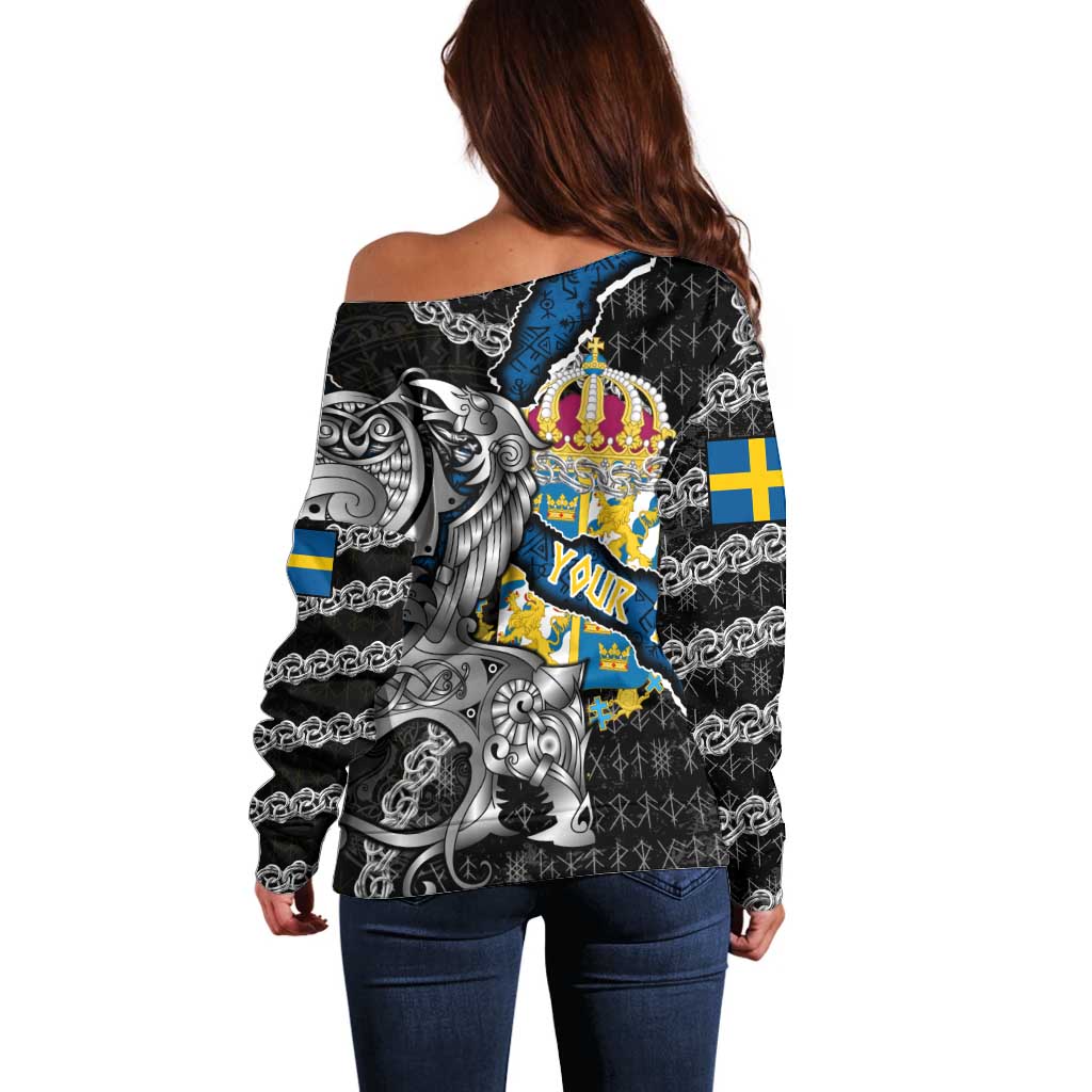 Personalized Sweden Vikings Off Shoulder Sweater Nordic Lion Bound in Runes and Chains
