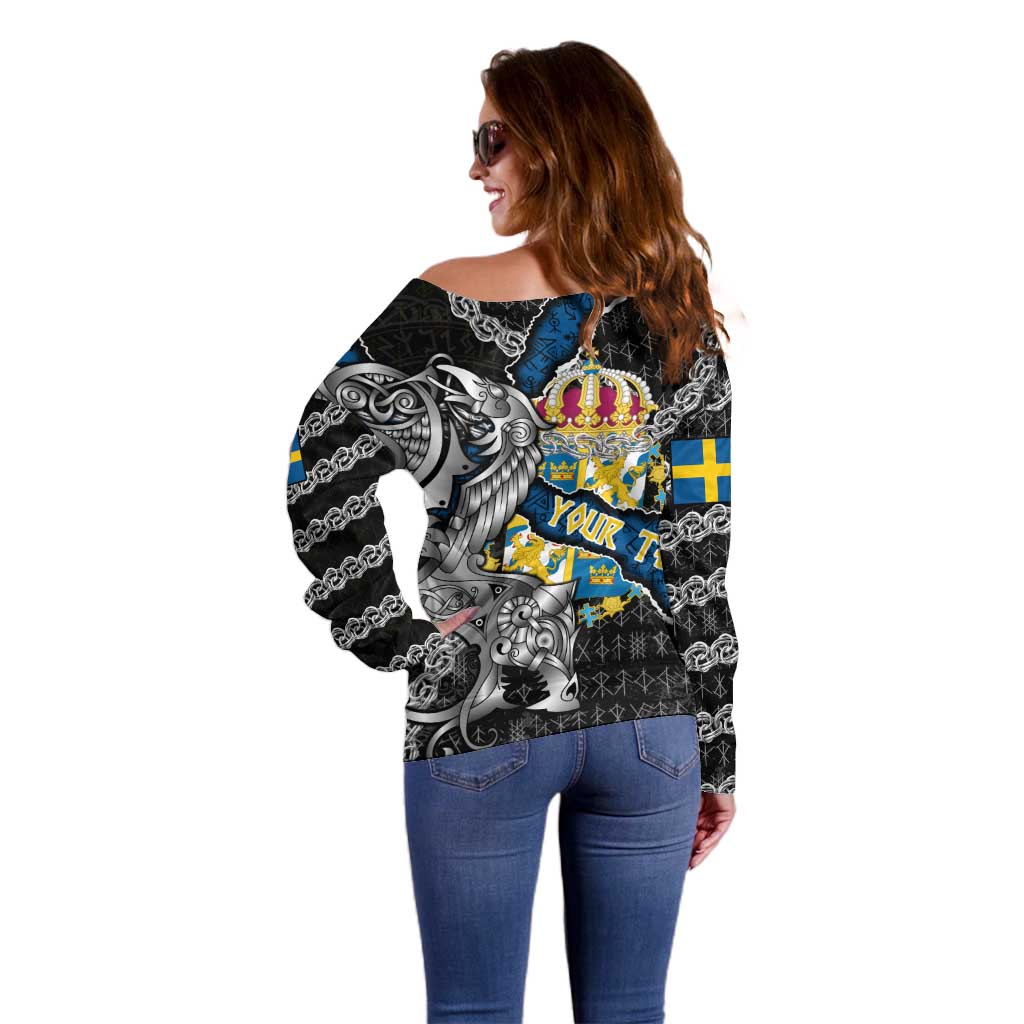 Personalized Sweden Vikings Off Shoulder Sweater Nordic Lion Bound in Runes and Chains