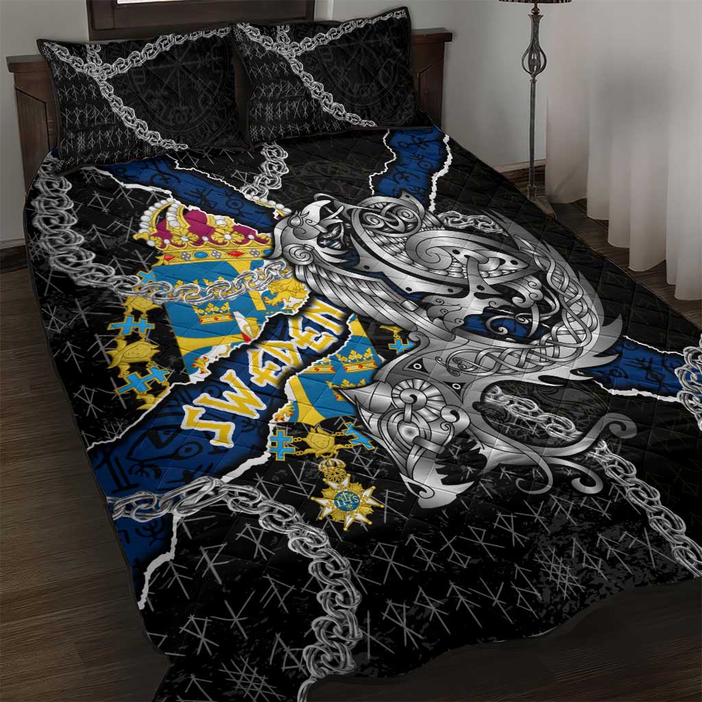 Sweden Vikings Quilt Bed Set Nordic Lion Bound in Runes and Chains
