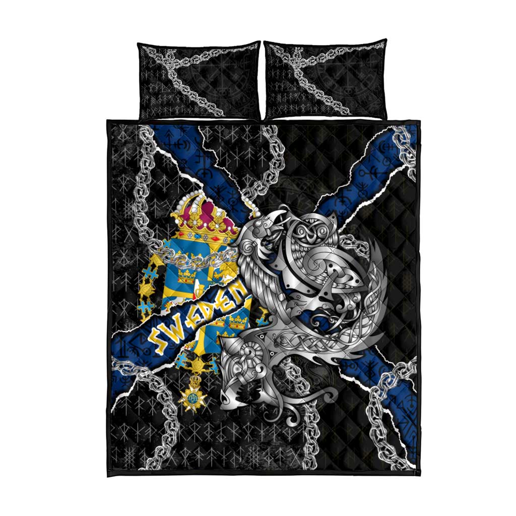 Sweden Vikings Quilt Bed Set Nordic Lion Bound in Runes and Chains