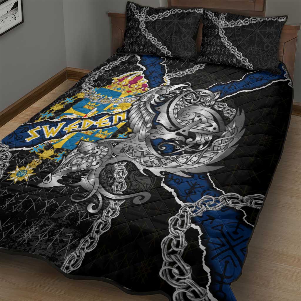 Sweden Vikings Quilt Bed Set Nordic Lion Bound in Runes and Chains