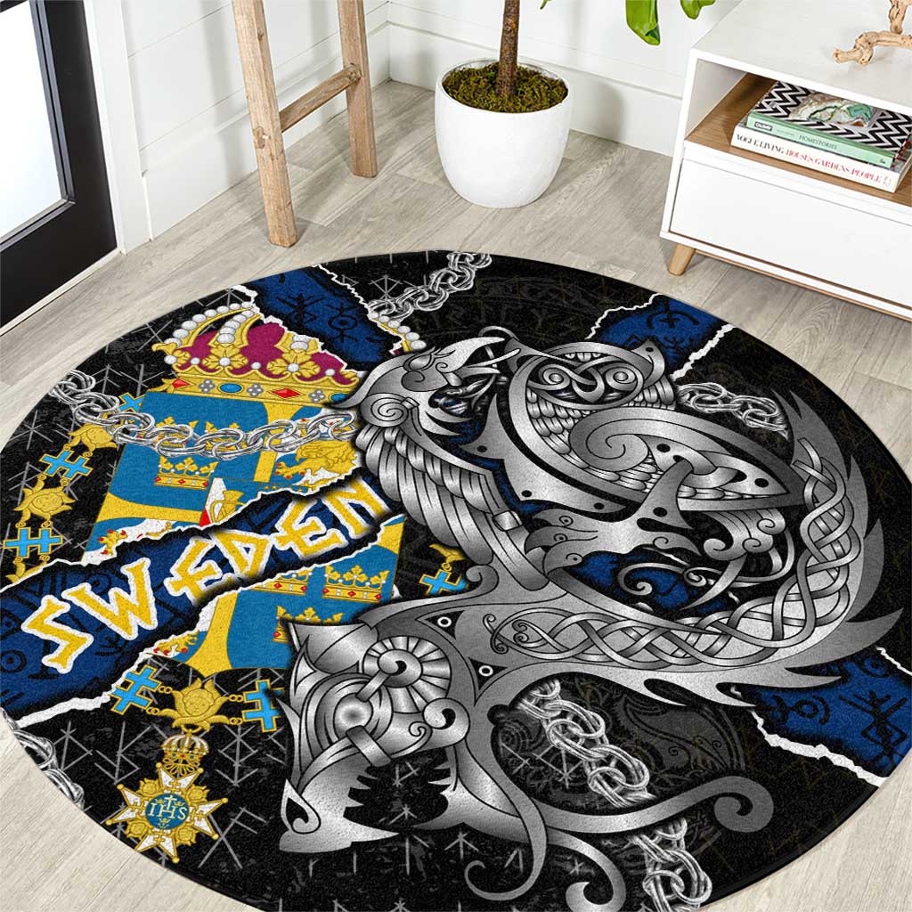 Sweden Vikings Round Carpet Nordic Lion Bound in Runes and Chains