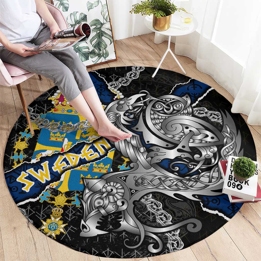 Sweden Vikings Round Carpet Nordic Lion Bound in Runes and Chains