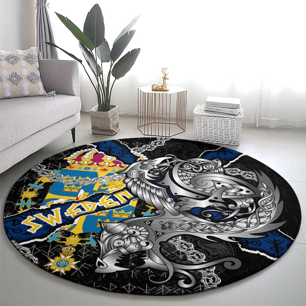 Sweden Vikings Round Carpet Nordic Lion Bound in Runes and Chains