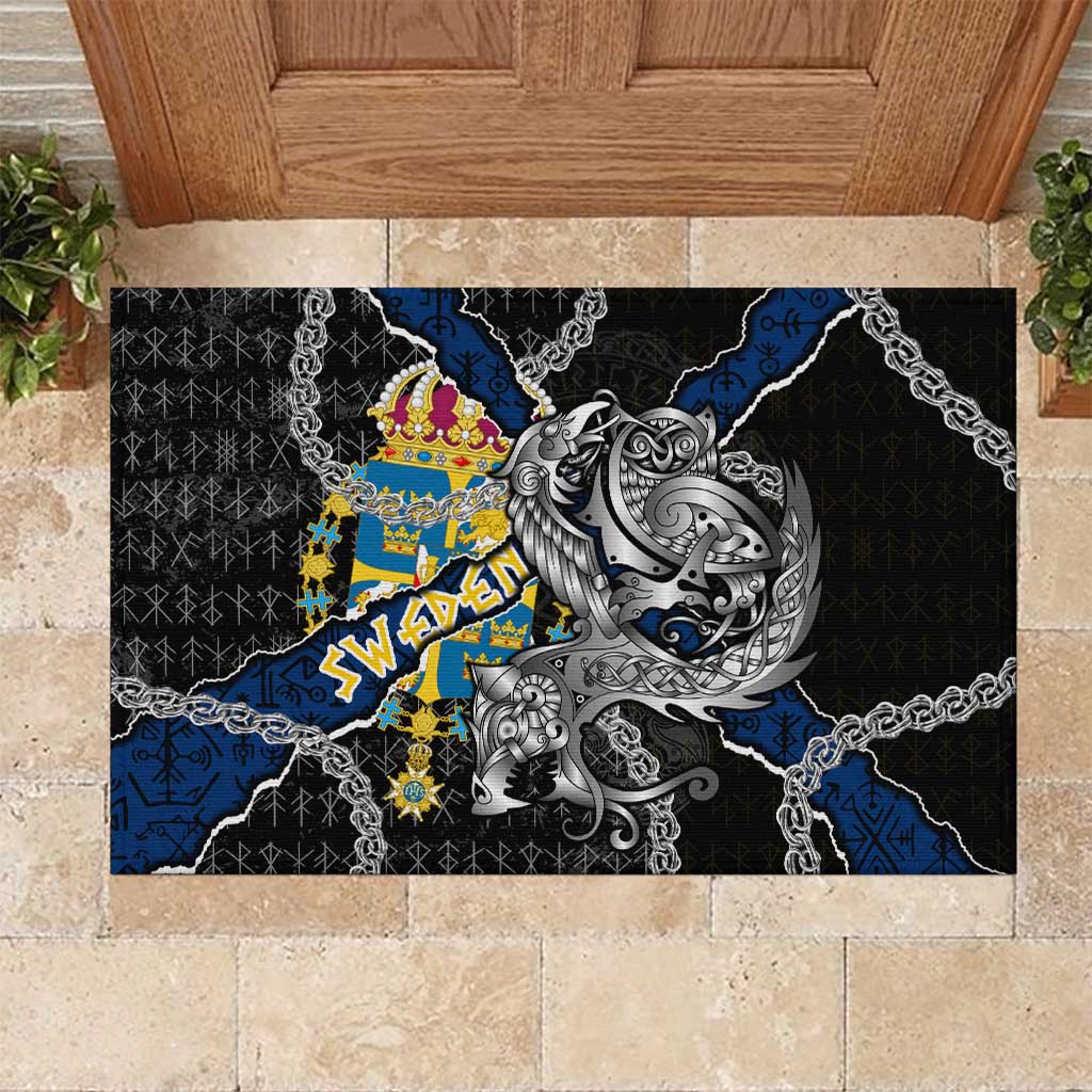 Sweden Vikings Rubber Doormat Nordic Lion Bound in Runes and Chains