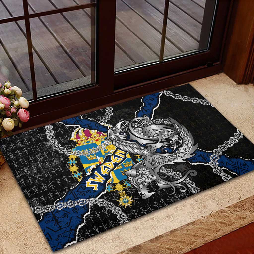 Sweden Vikings Rubber Doormat Nordic Lion Bound in Runes and Chains