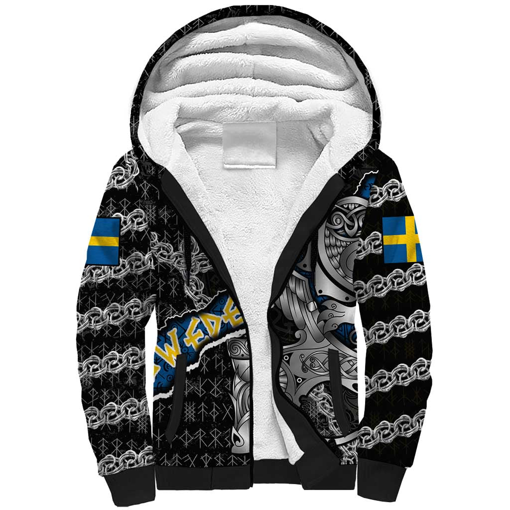 Personalized Sweden Vikings Sherpa Hoodie Nordic Lion Bound in Runes and Chains