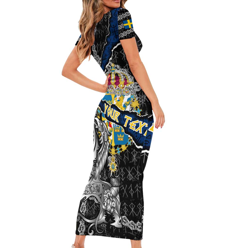 Personalized Sweden Vikings Short Sleeve Bodycon Dress Nordic Lion Bound in Runes and Chains