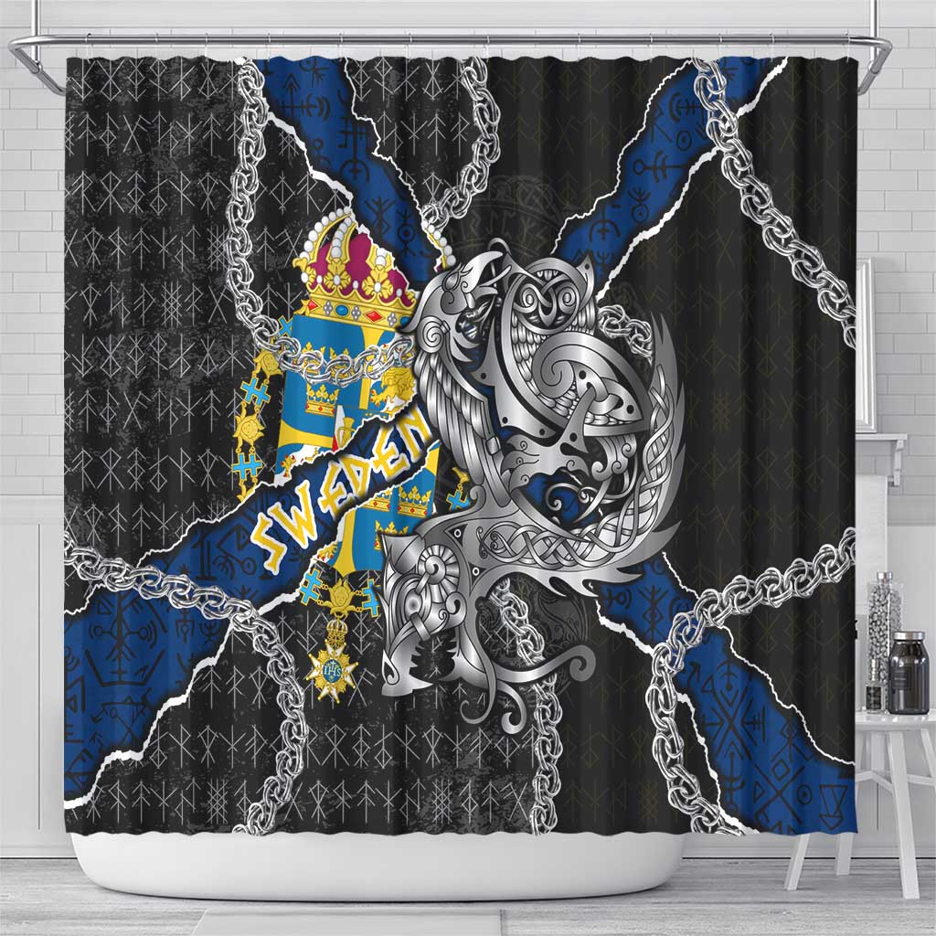 Sweden Vikings Shower Curtain Nordic Lion Bound in Runes and Chains
