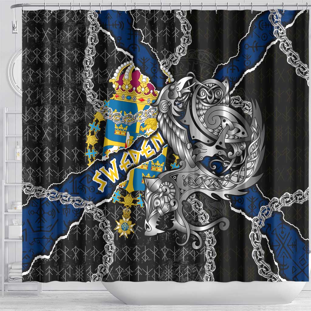 Sweden Vikings Shower Curtain Nordic Lion Bound in Runes and Chains