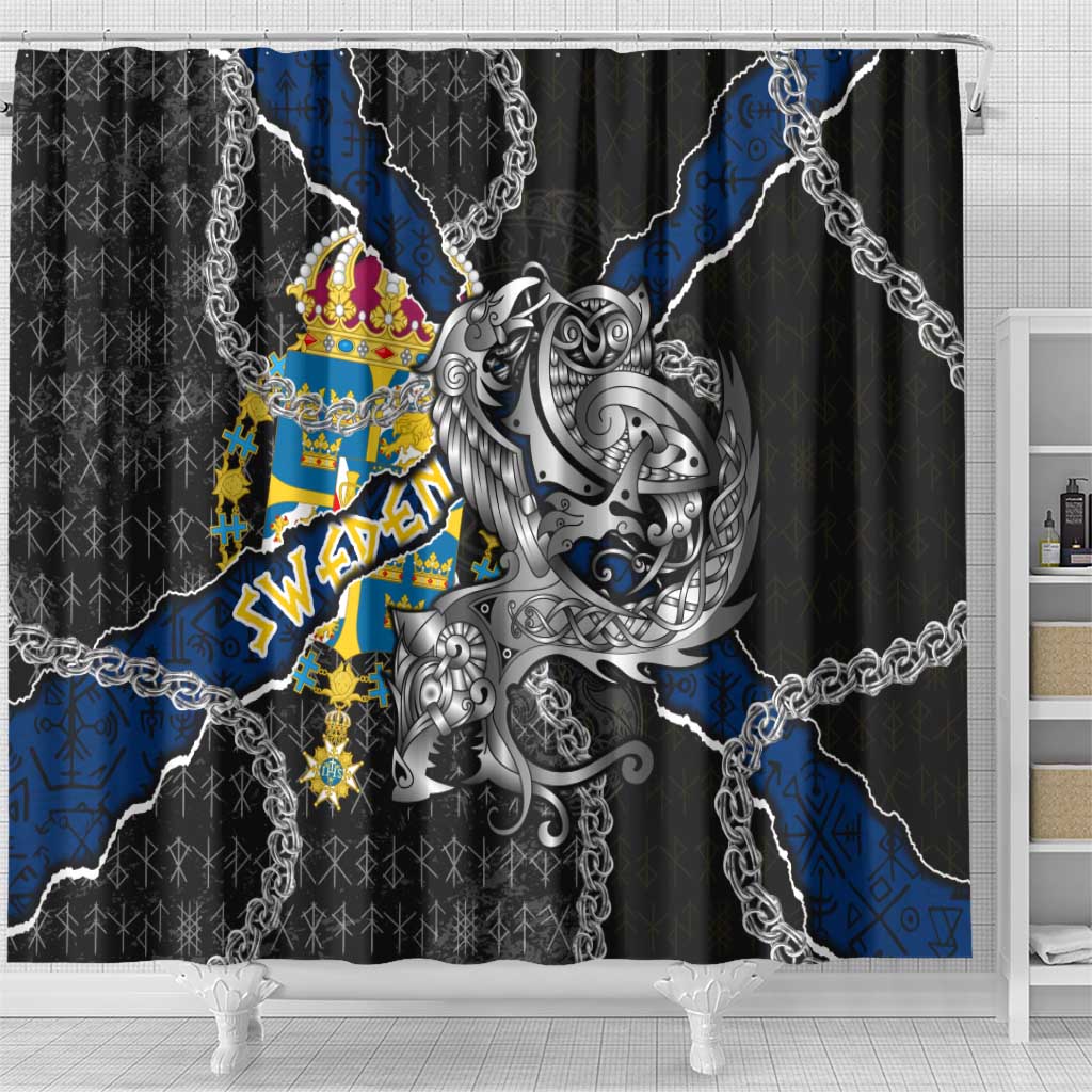 Sweden Vikings Shower Curtain Nordic Lion Bound in Runes and Chains