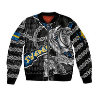 Personalized Sweden Vikings Sleeve Zip Bomber Jacket Nordic Lion Bound in Runes and Chains