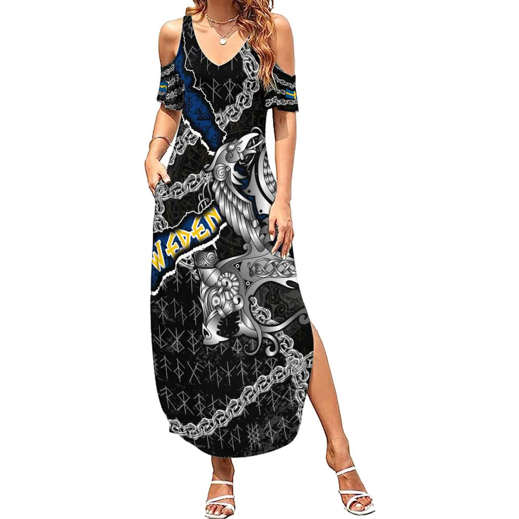 Personalized Sweden Vikings Summer Maxi Dress Nordic Lion Bound in Runes and Chains