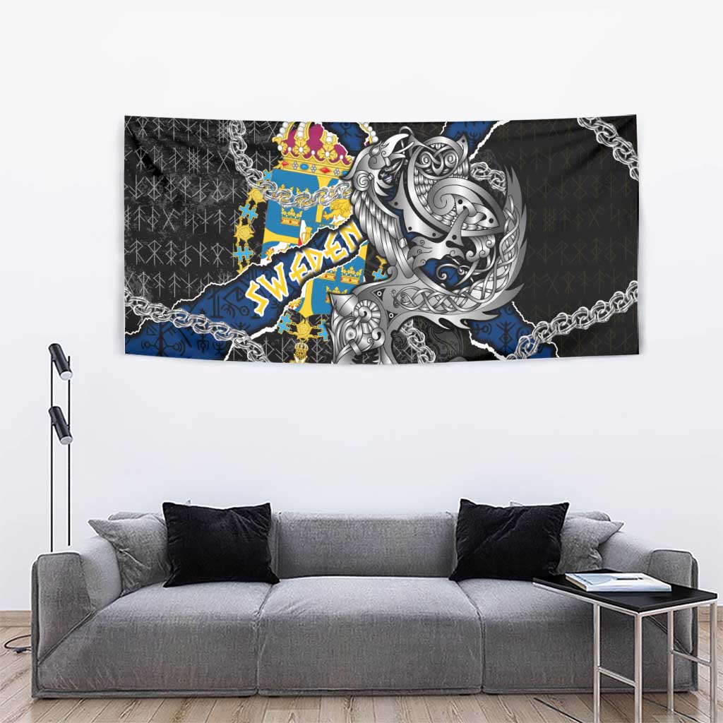 Sweden Vikings Tapestry Nordic Lion Bound in Runes and Chains