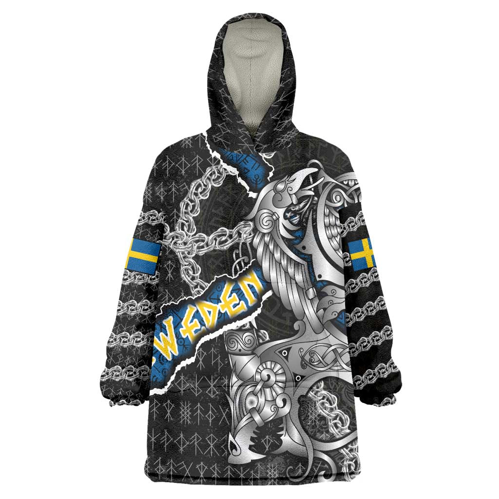 Personalized Sweden Vikings Wearable Blanket Hoodie Nordic Lion Bound in Runes and Chains