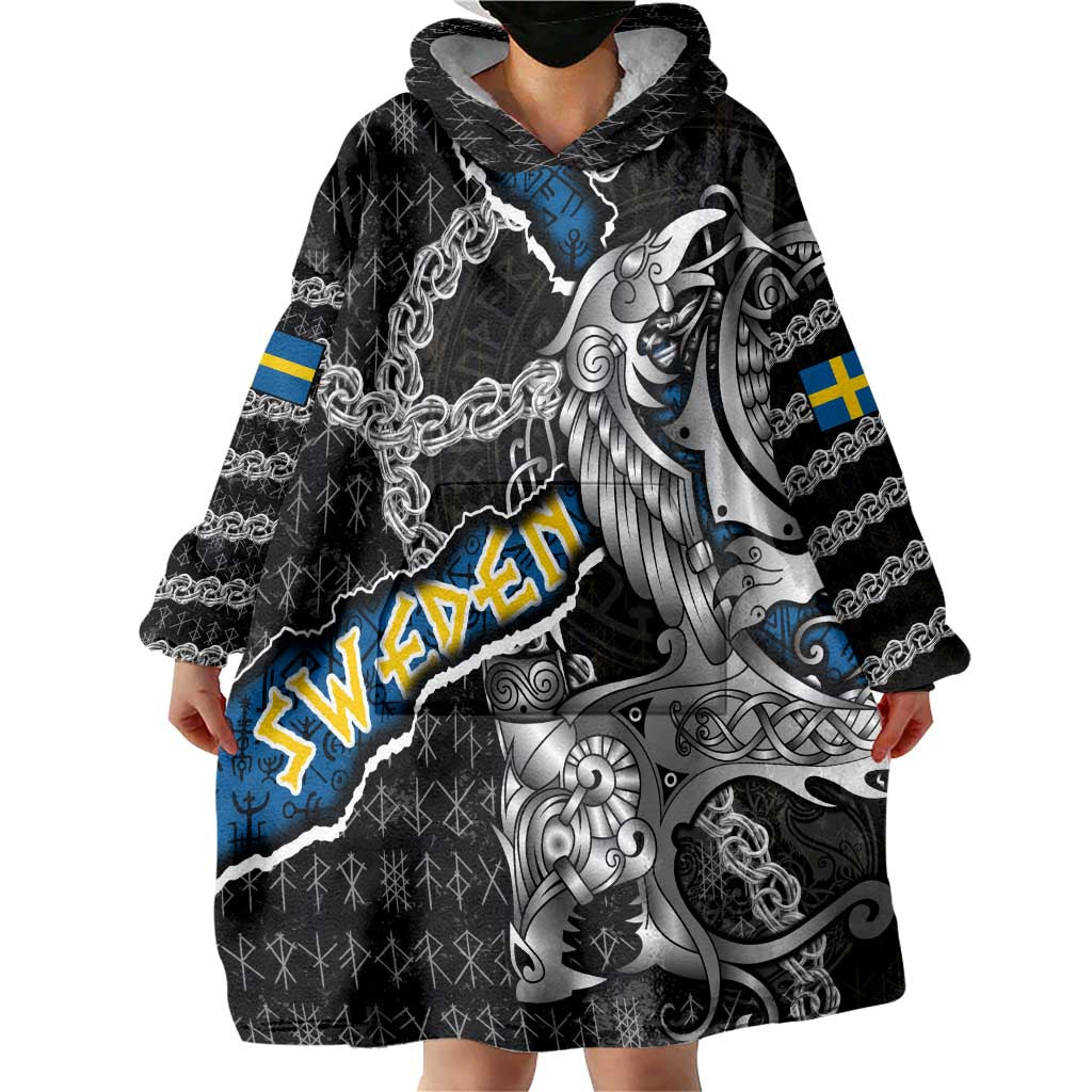 Personalized Sweden Vikings Wearable Blanket Hoodie Nordic Lion Bound in Runes and Chains