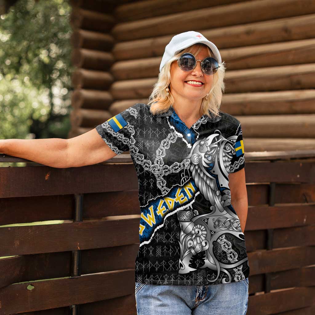 Personalized Sweden Vikings Women Polo Shirt Nordic Lion Bound in Runes and Chains