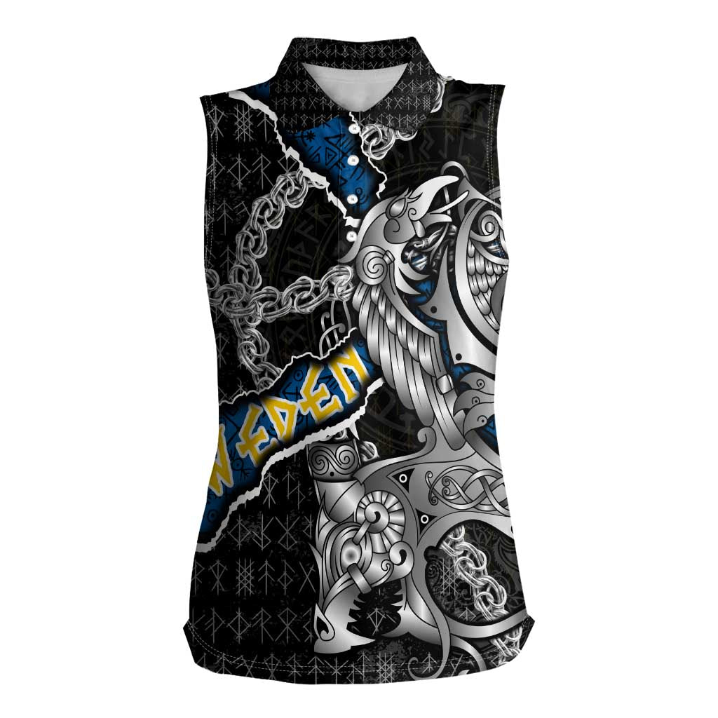 Personalized Sweden Vikings Women Sleeveless Polo Shirt Nordic Lion Bound in Runes and Chains
