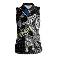 Personalized Sweden Vikings Women Sleeveless Polo Shirt Nordic Lion Bound in Runes and Chains