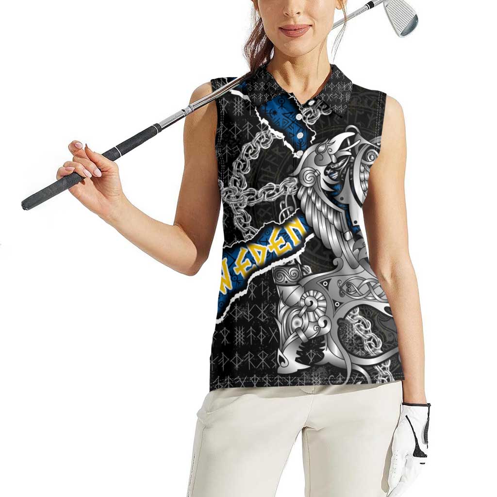 Personalized Sweden Vikings Women Sleeveless Polo Shirt Nordic Lion Bound in Runes and Chains