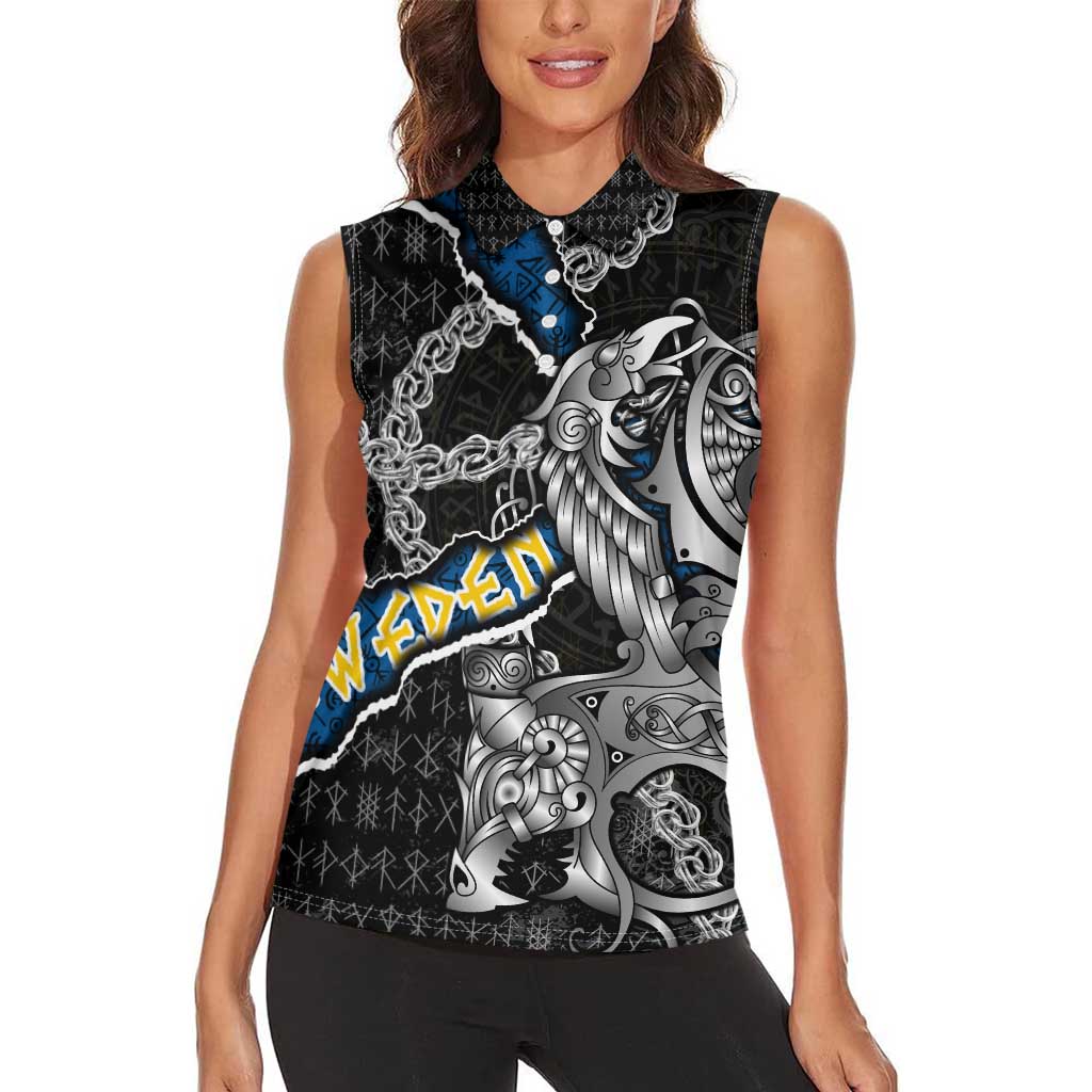 Personalized Sweden Vikings Women Sleeveless Polo Shirt Nordic Lion Bound in Runes and Chains