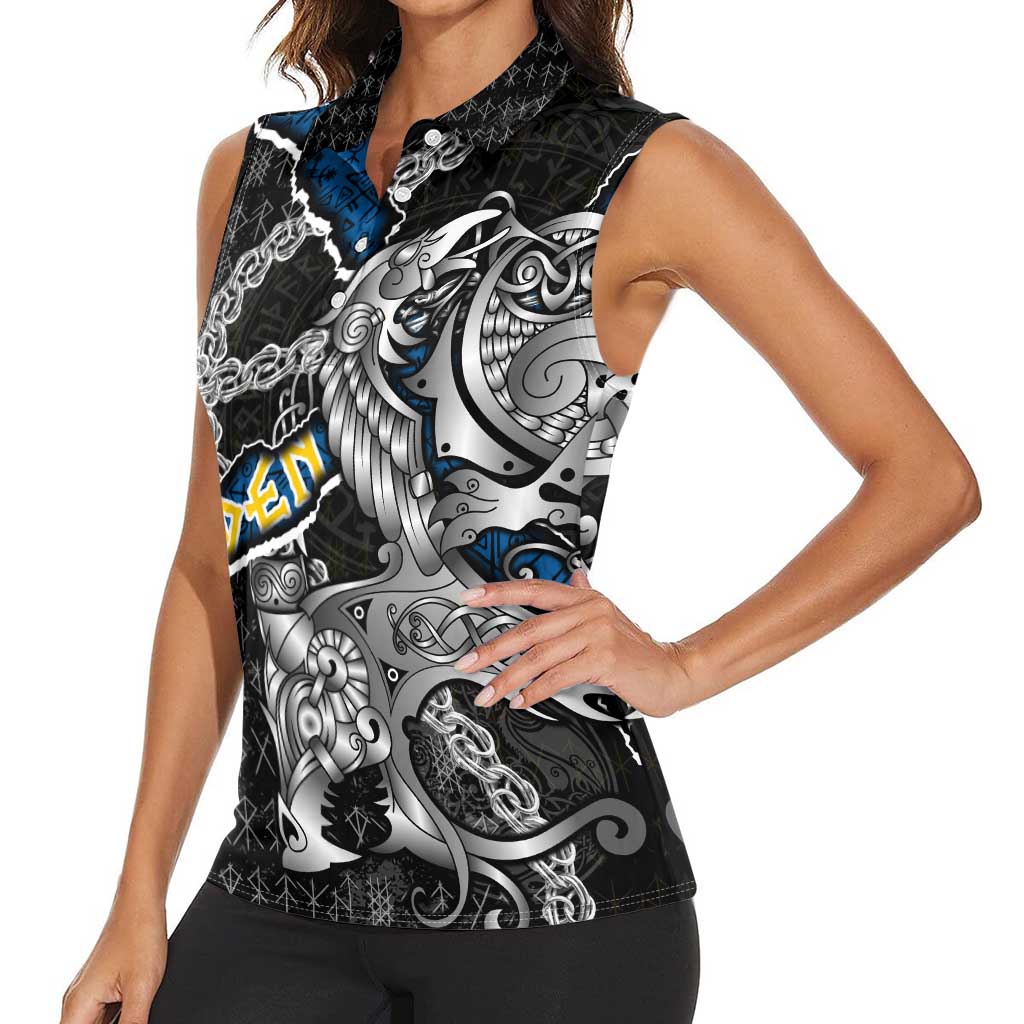 Personalized Sweden Vikings Women Sleeveless Polo Shirt Nordic Lion Bound in Runes and Chains