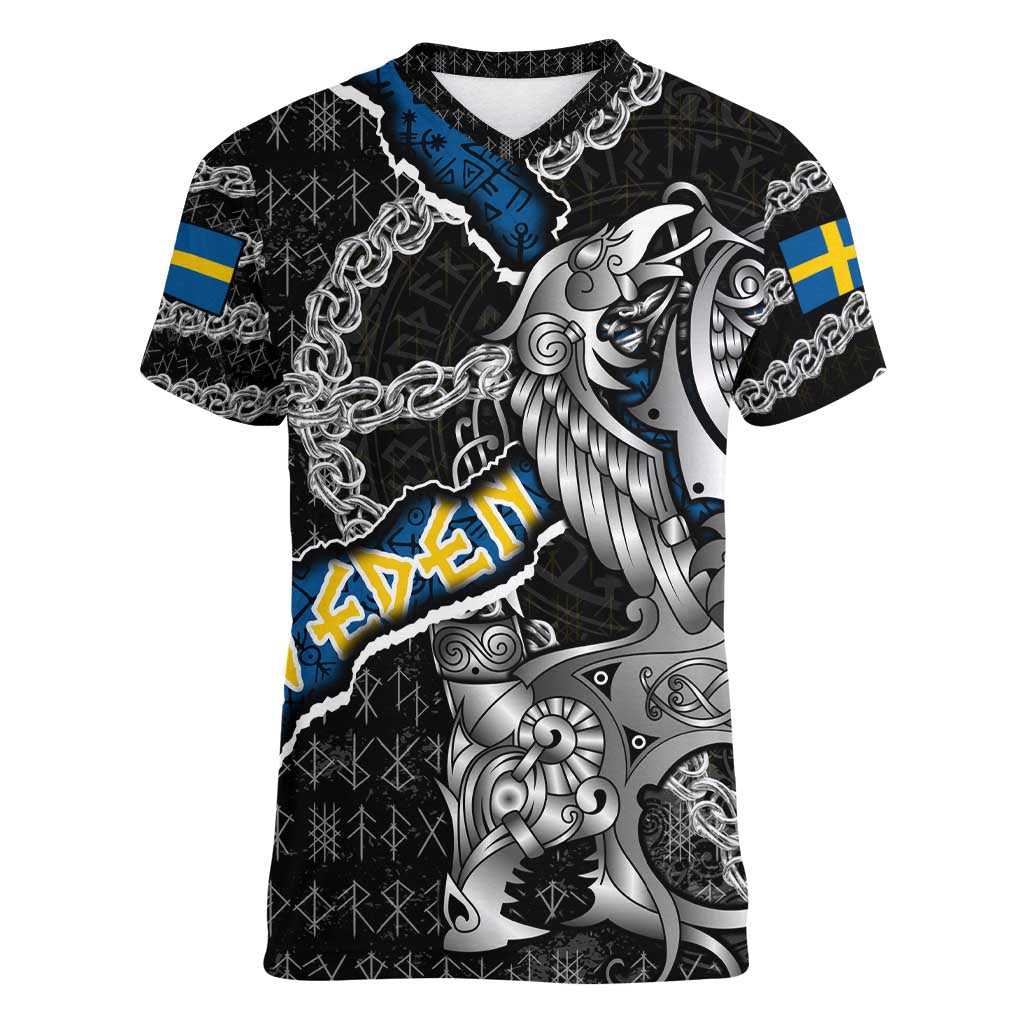 Personalized Sweden Vikings Women V-Neck T-Shirt Nordic Lion Bound in Runes and Chains