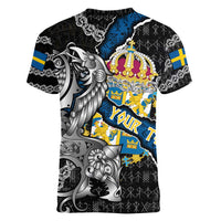 Personalized Sweden Vikings Women V-Neck T-Shirt Nordic Lion Bound in Runes and Chains