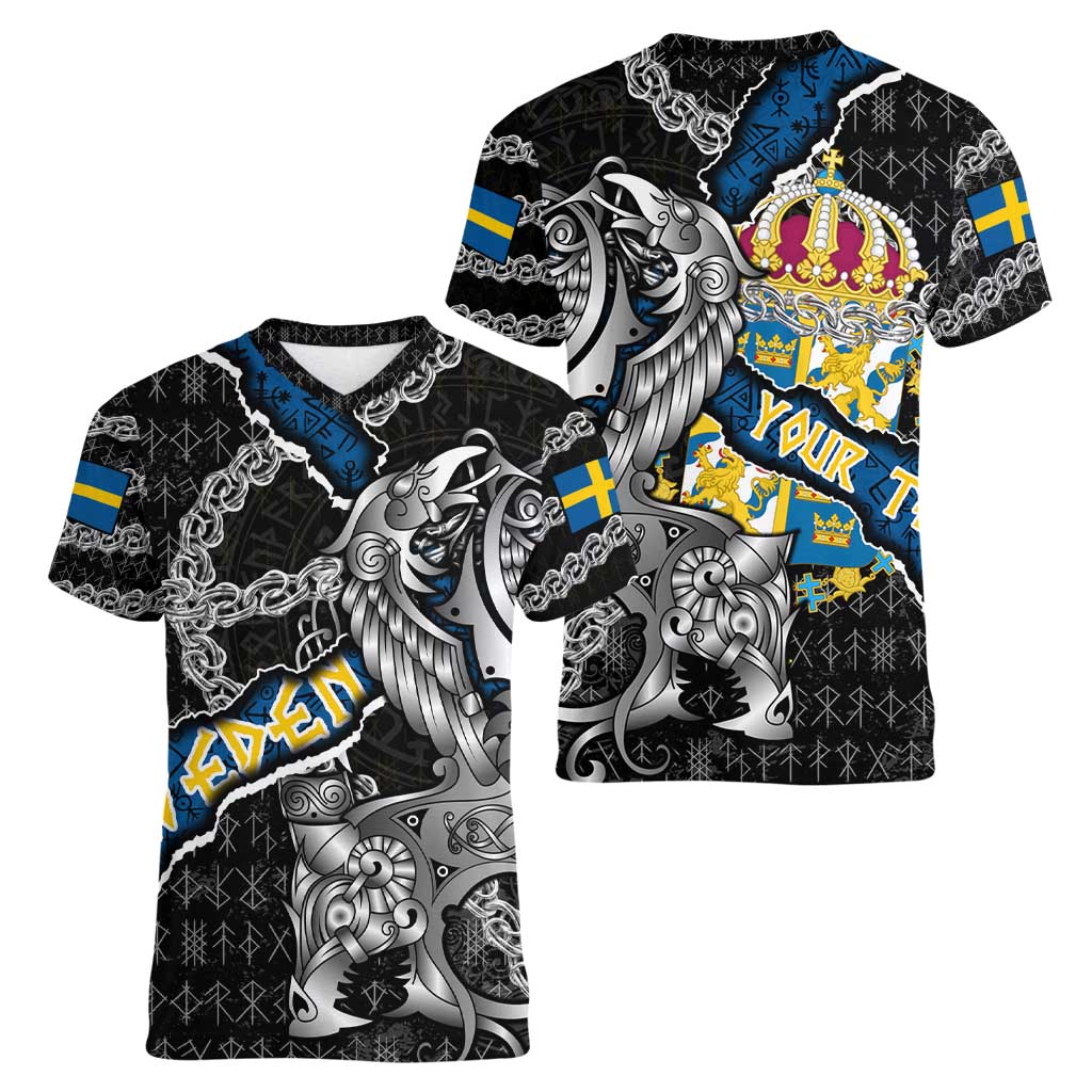Personalized Sweden Vikings Women V-Neck T-Shirt Nordic Lion Bound in Runes and Chains