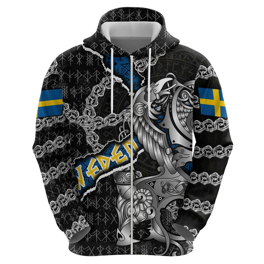 Personalized Sweden Vikings Zip Hoodie Nordic Lion Bound in Runes and Chains