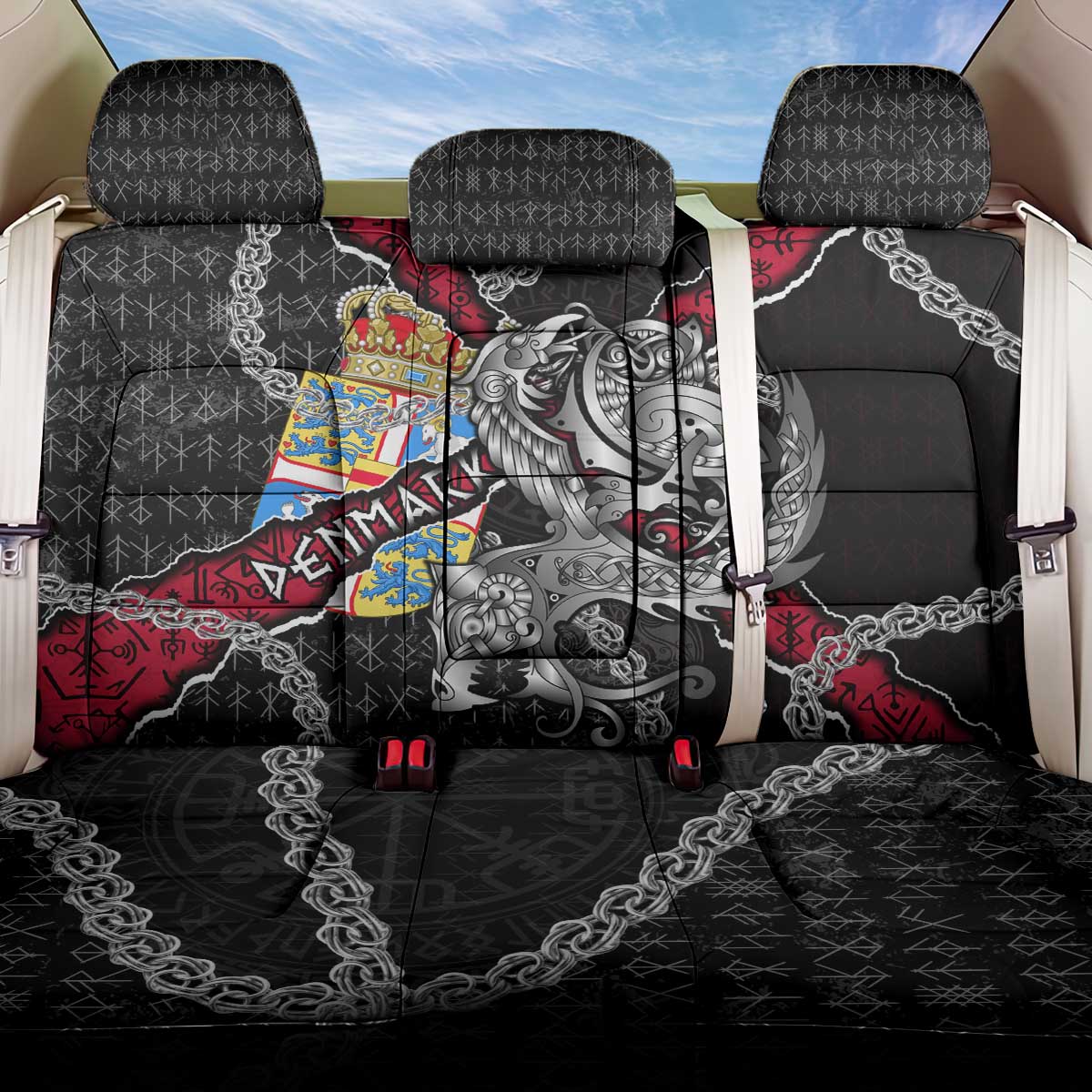 Denmark Vikings Back Car Seat Cover Nordic Lion Bound in Runes and Chains