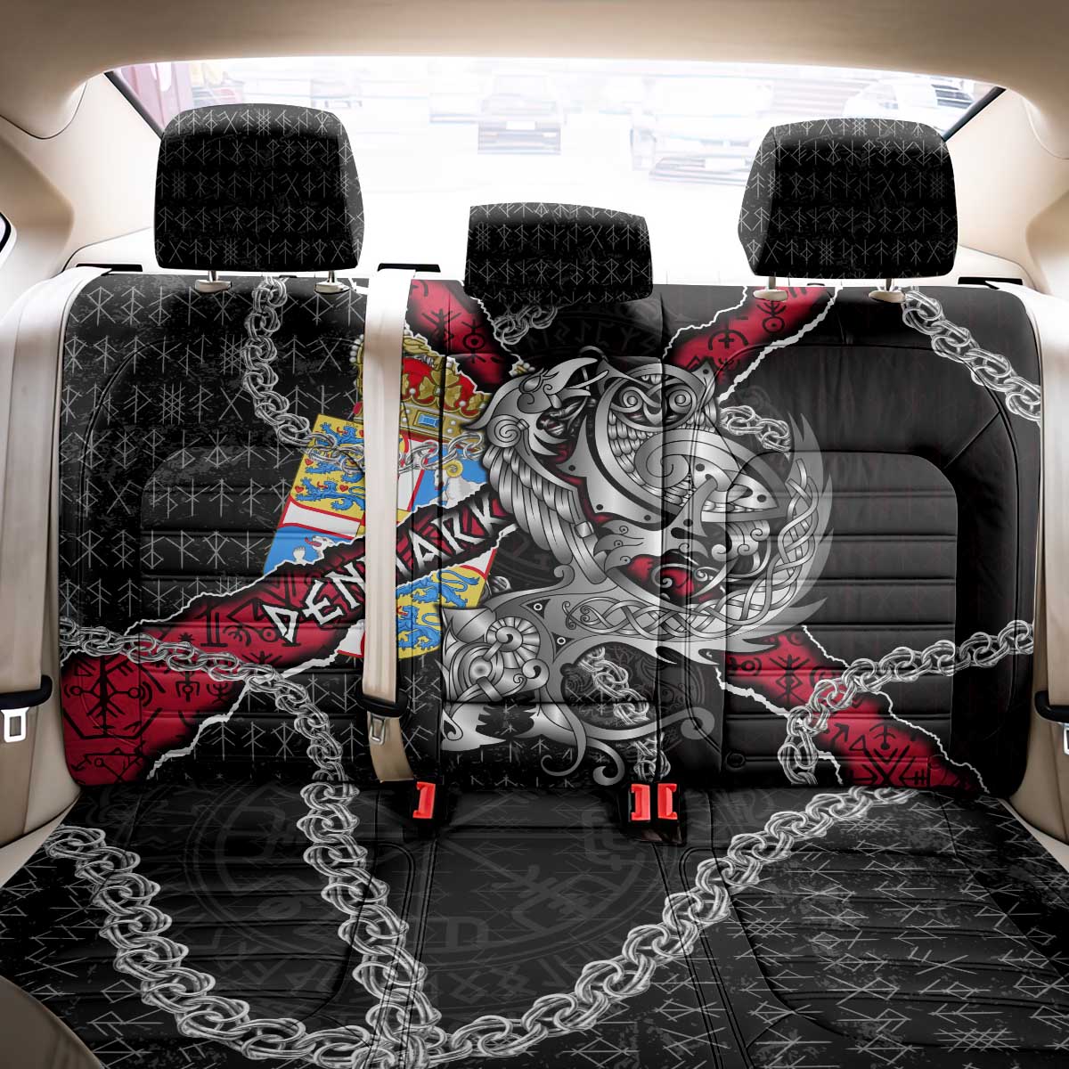 Denmark Vikings Back Car Seat Cover Nordic Lion Bound in Runes and Chains