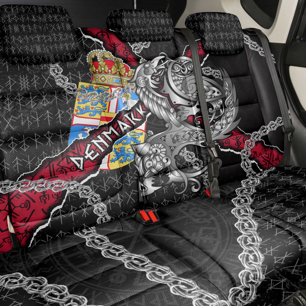 Denmark Vikings Back Car Seat Cover Nordic Lion Bound in Runes and Chains
