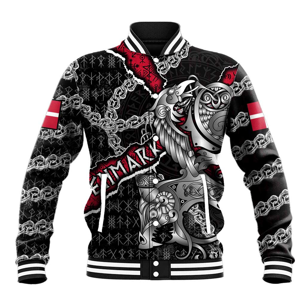Personalized Denmark Vikings Baseball Jacket Nordic Lion Bound in Runes and Chains