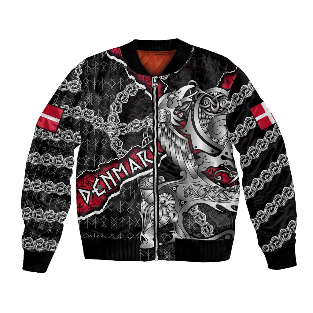 Personalized Denmark Vikings Bomber Jacket Nordic Lion Bound in Runes and Chains